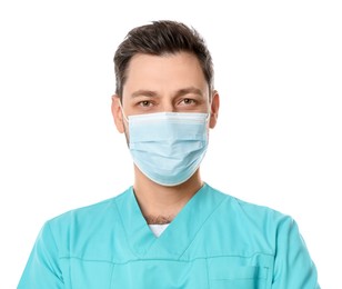 Doctor or medical assistant (male nurse) in uniform with protective mask on white background