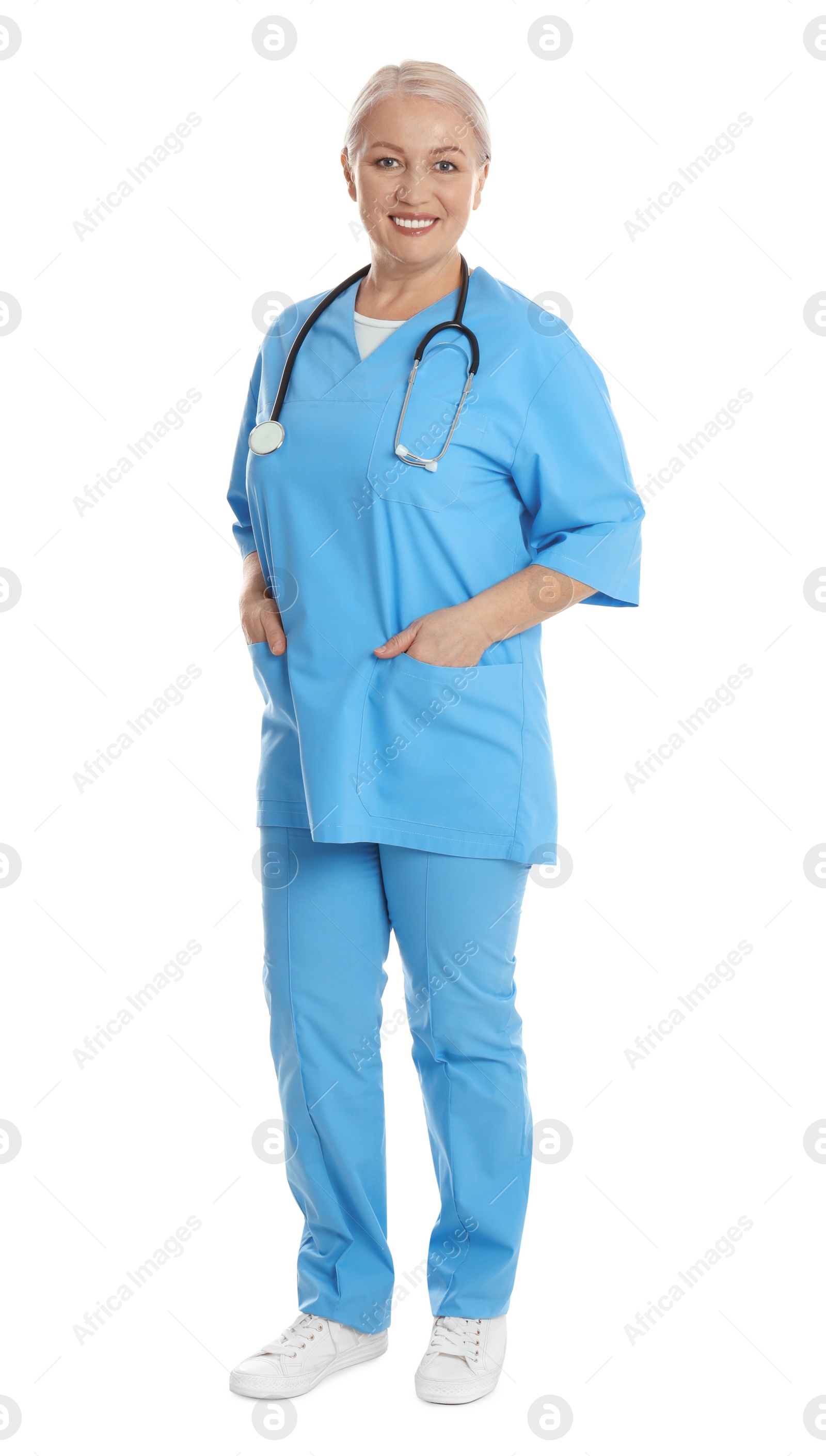 Photo of Full length portrait of mature doctor on white background