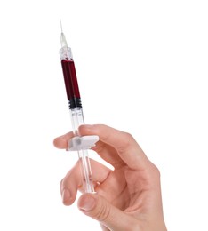 Photo of Woman holding syringe with blood on white background, closeup