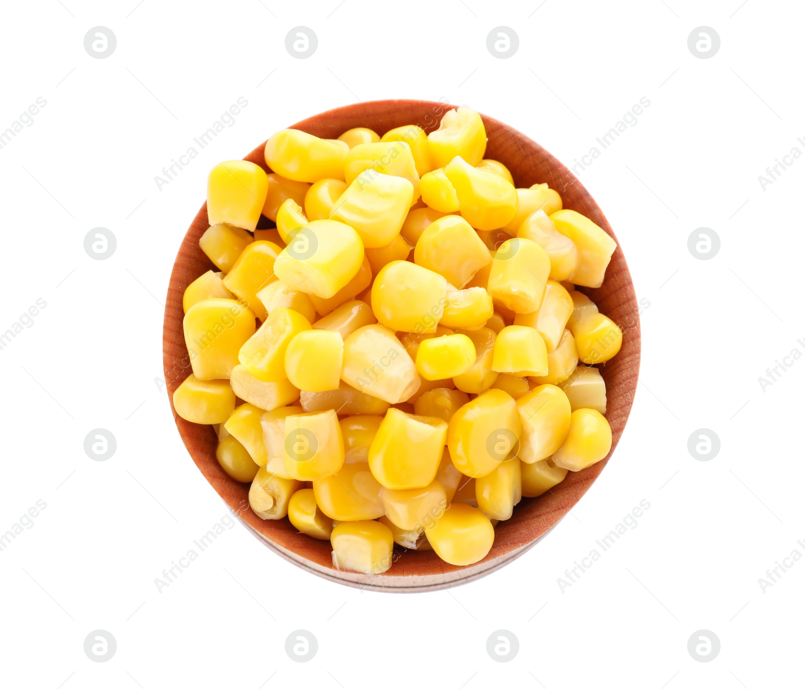 Photo of Delicious canned corn in bowl isolated on white, top view