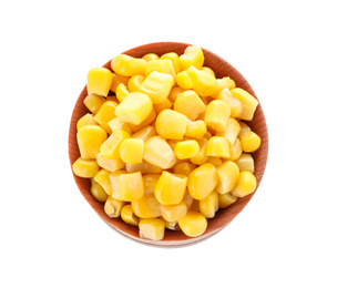 Photo of Delicious canned corn in bowl isolated on white, top view