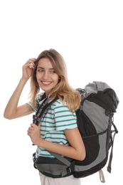 Photo of Woman with backpack on white background. Summer travel