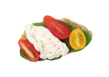 Photo of Delicious sandwich with burrata cheese and tomatoes isolated on white, top view