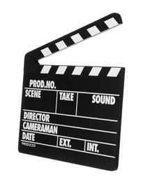 Photo of Clapper board isolated on white. Cinema production