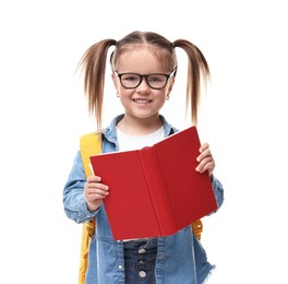 Photo of Cute little girl with open book and backpack on white background