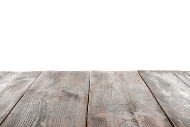 Photo of Empty wooden table surface on white background