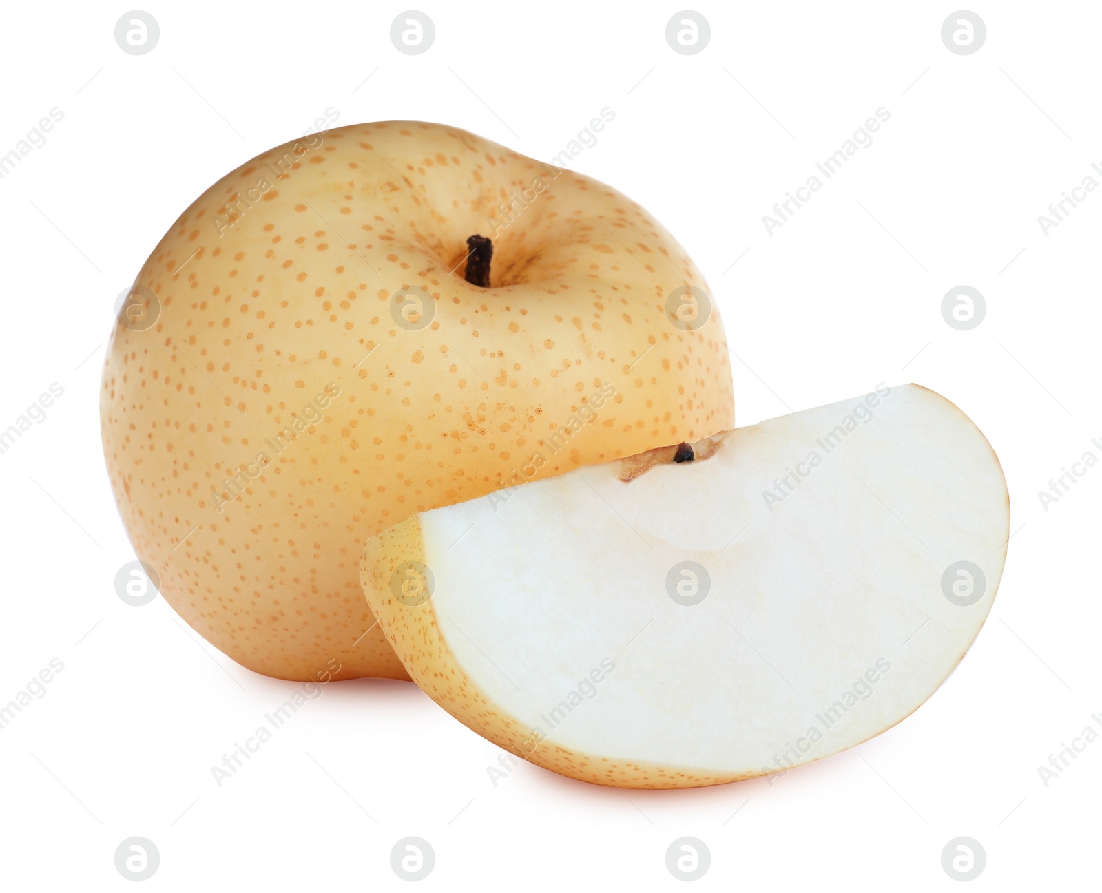 Photo of Cut and whole fresh apple pears on white background