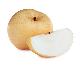 Photo of Cut and whole fresh apple pears on white background