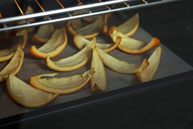 Baking tray with orange peels in oven, closeup