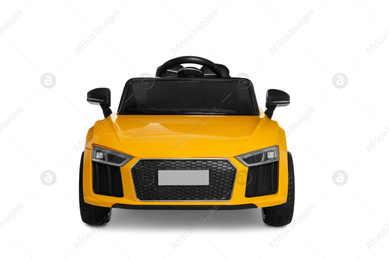 Photo of Yellow car isolated on white. Child's toy