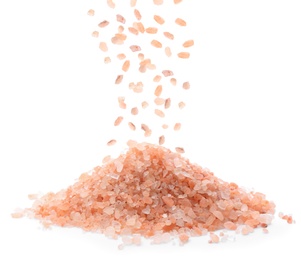 Image of Pink himalayan salt falling on white background