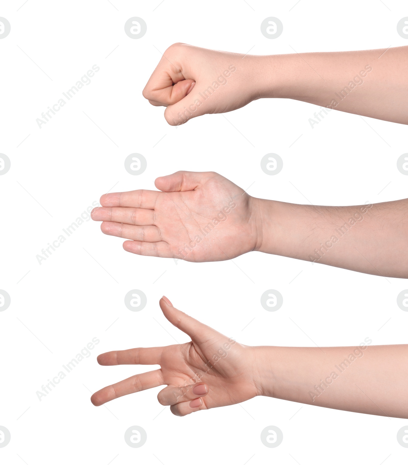 Image of People playing rock, paper and scissors on white background, closeup