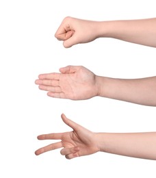 Image of People playing rock, paper and scissors on white background, closeup