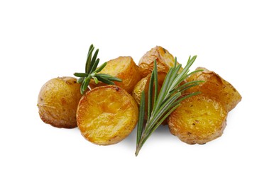 Photo of Tasty baked potato and aromatic rosemary on white background