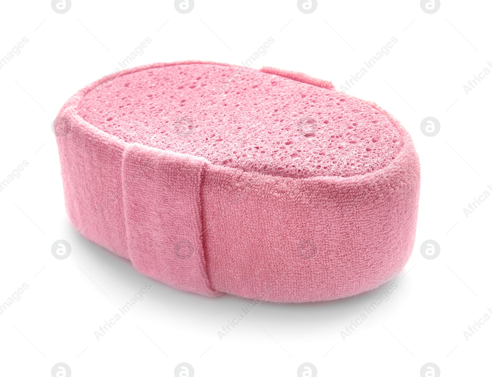 Photo of New pink bath sponge on white background