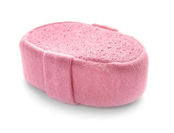 Photo of New pink bath sponge on white background