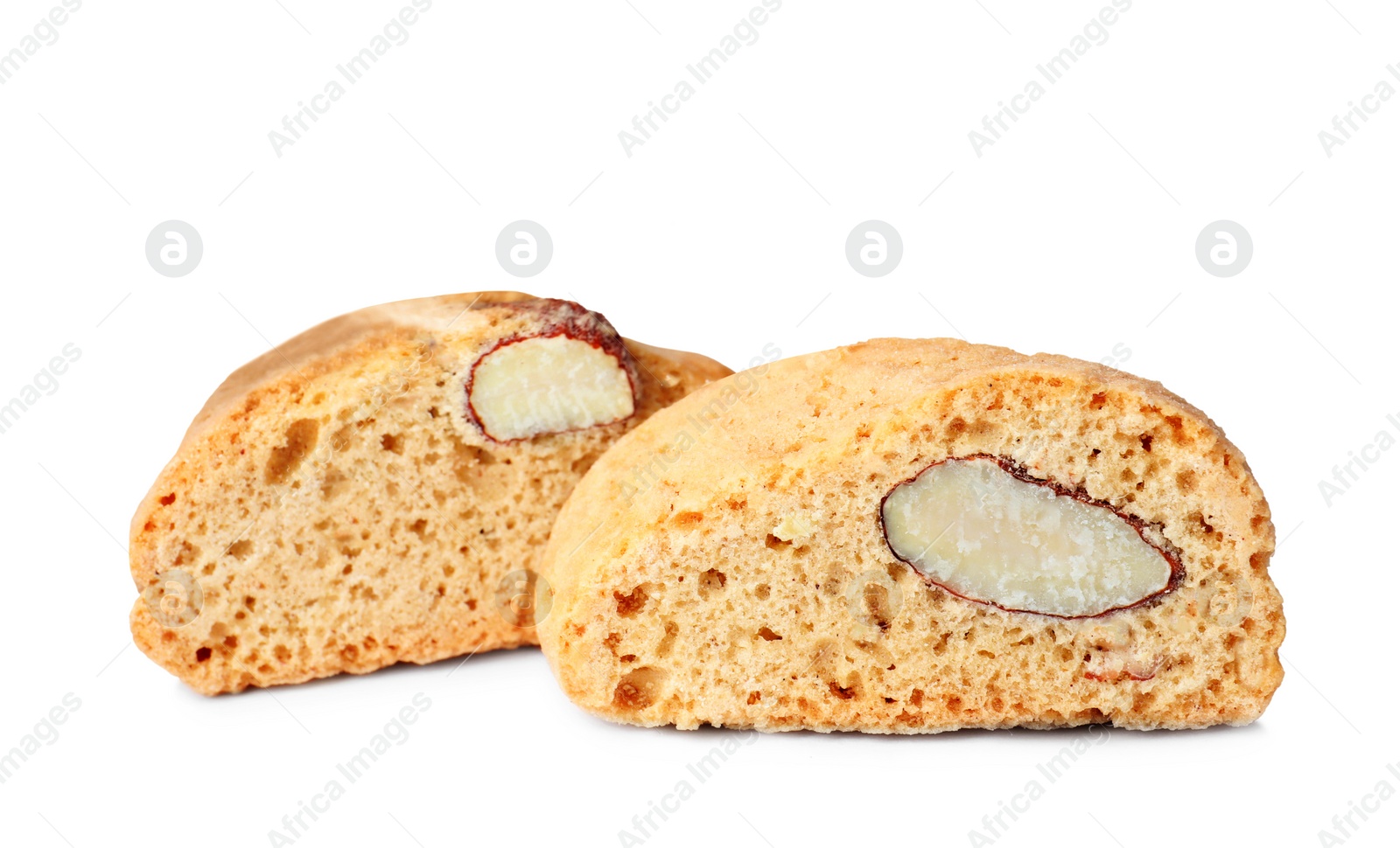 Photo of Slices of tasty cantucci on white background. Traditional Italian almond biscuits