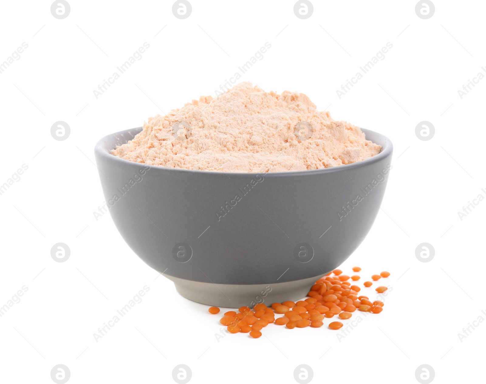 Photo of Lentil flour in grey bowl and seeds isolated on white