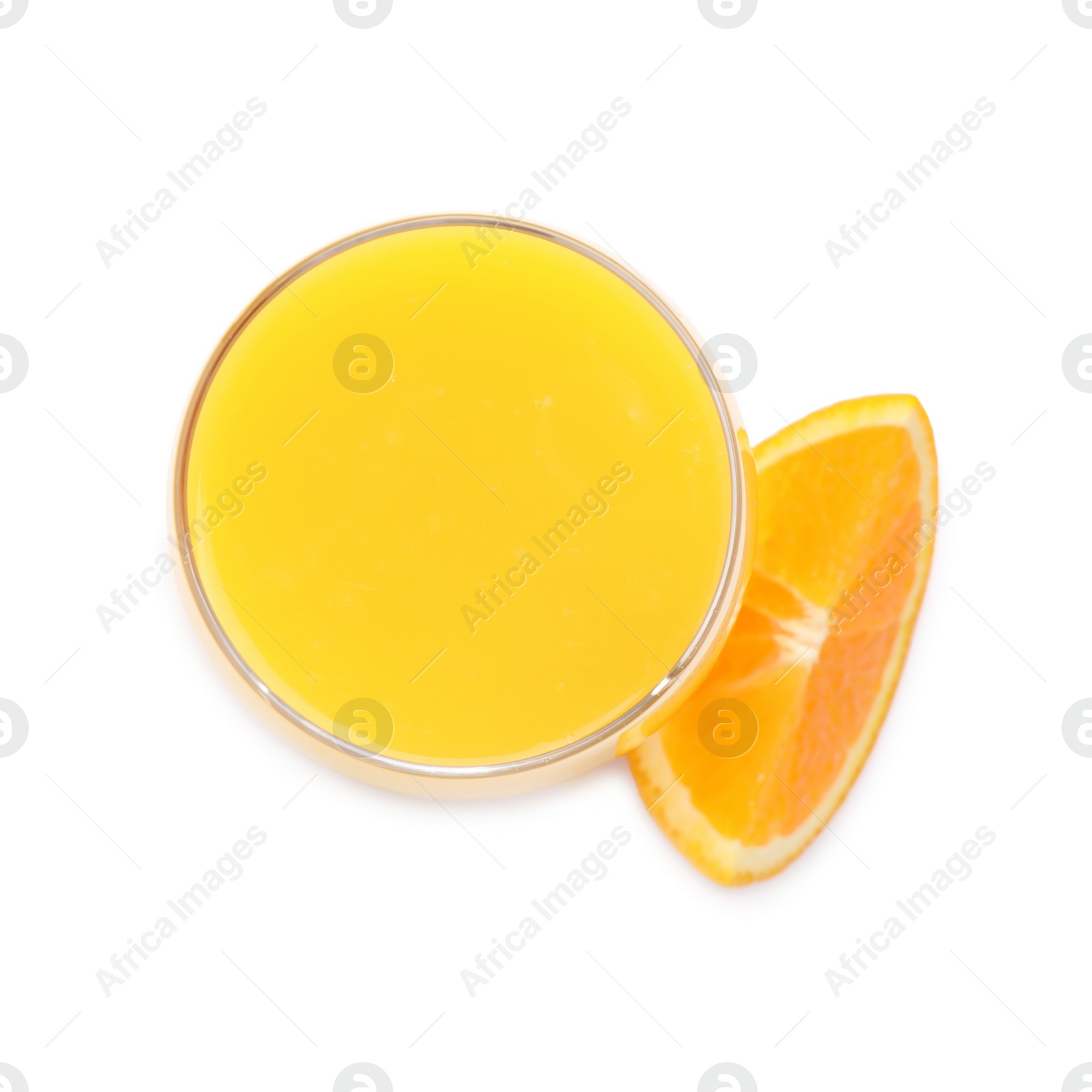 Photo of Tasty orange juice and fresh fruit isolated on white, top view