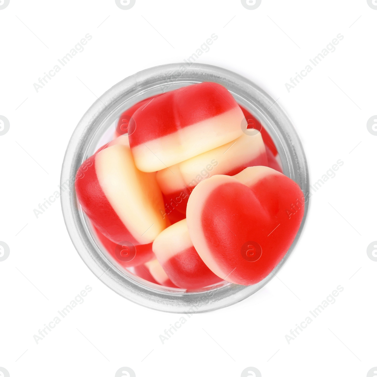 Photo of Jar and sweet heart shaped jelly candies on white background, flat lay