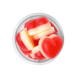 Photo of Jar and sweet heart shaped jelly candies on white background, flat lay