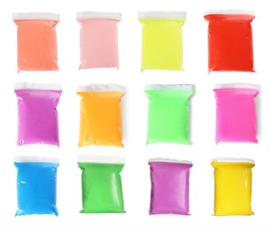 Image of Set with different colorful play dough on white background