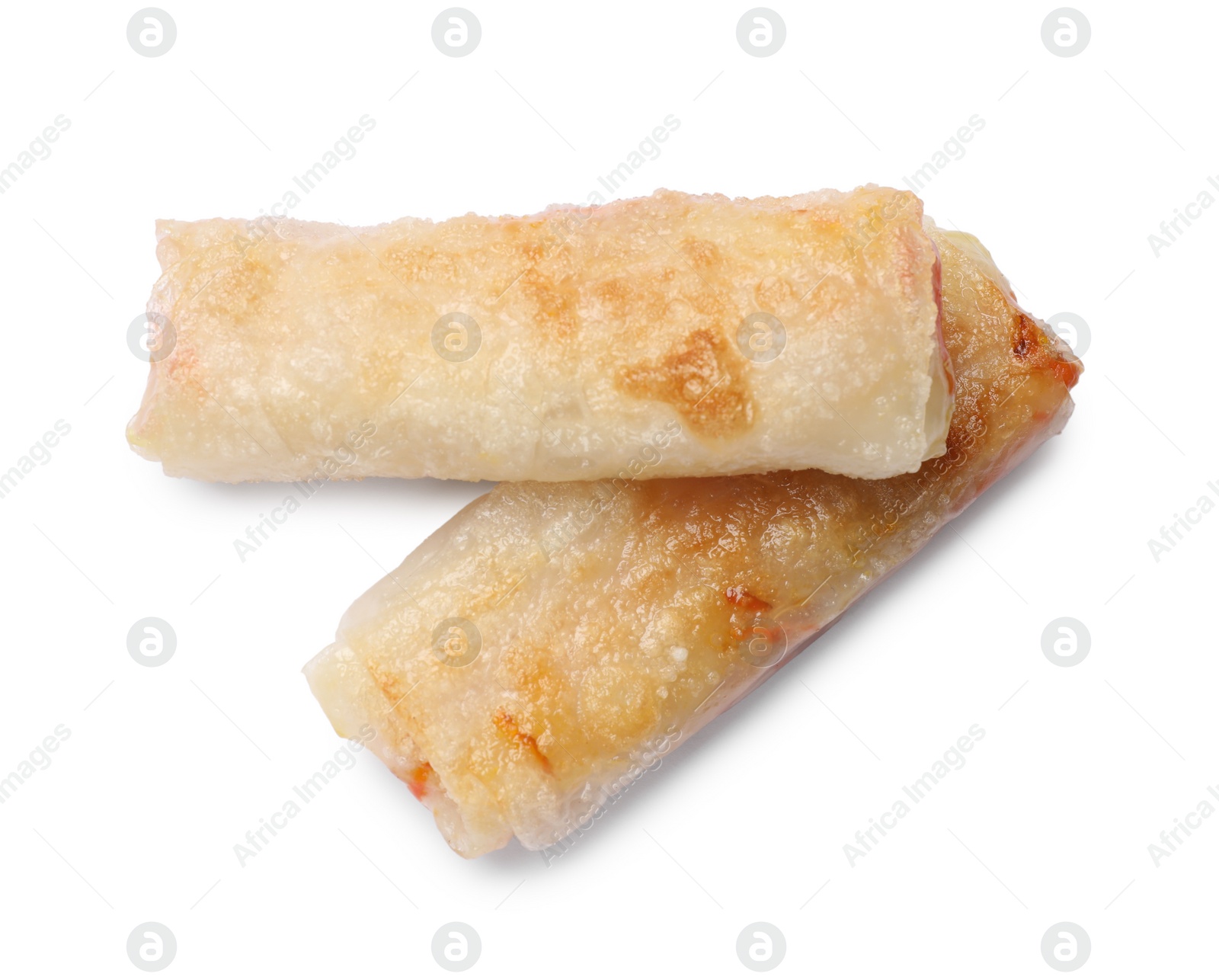 Photo of Delicious fried spring rolls isolated on white, top view