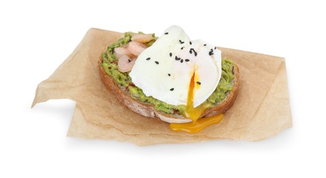 Delicious sandwich with guacamole, shrimps and fried egg isolated on white