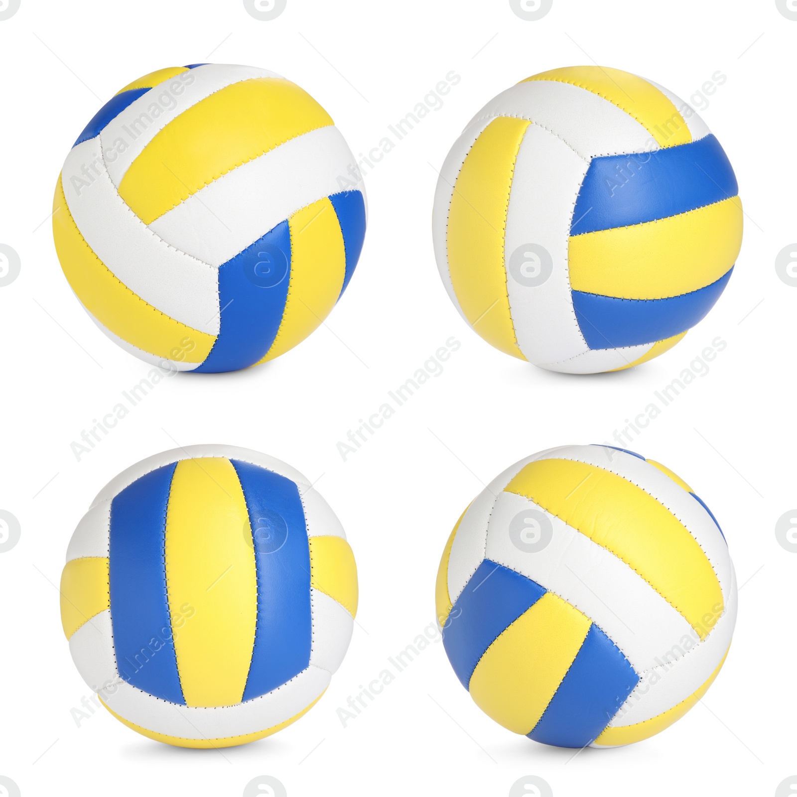 Image of Set with leather volleyball balls on white background