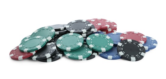 Photo of Pile of casino poker chips on white background