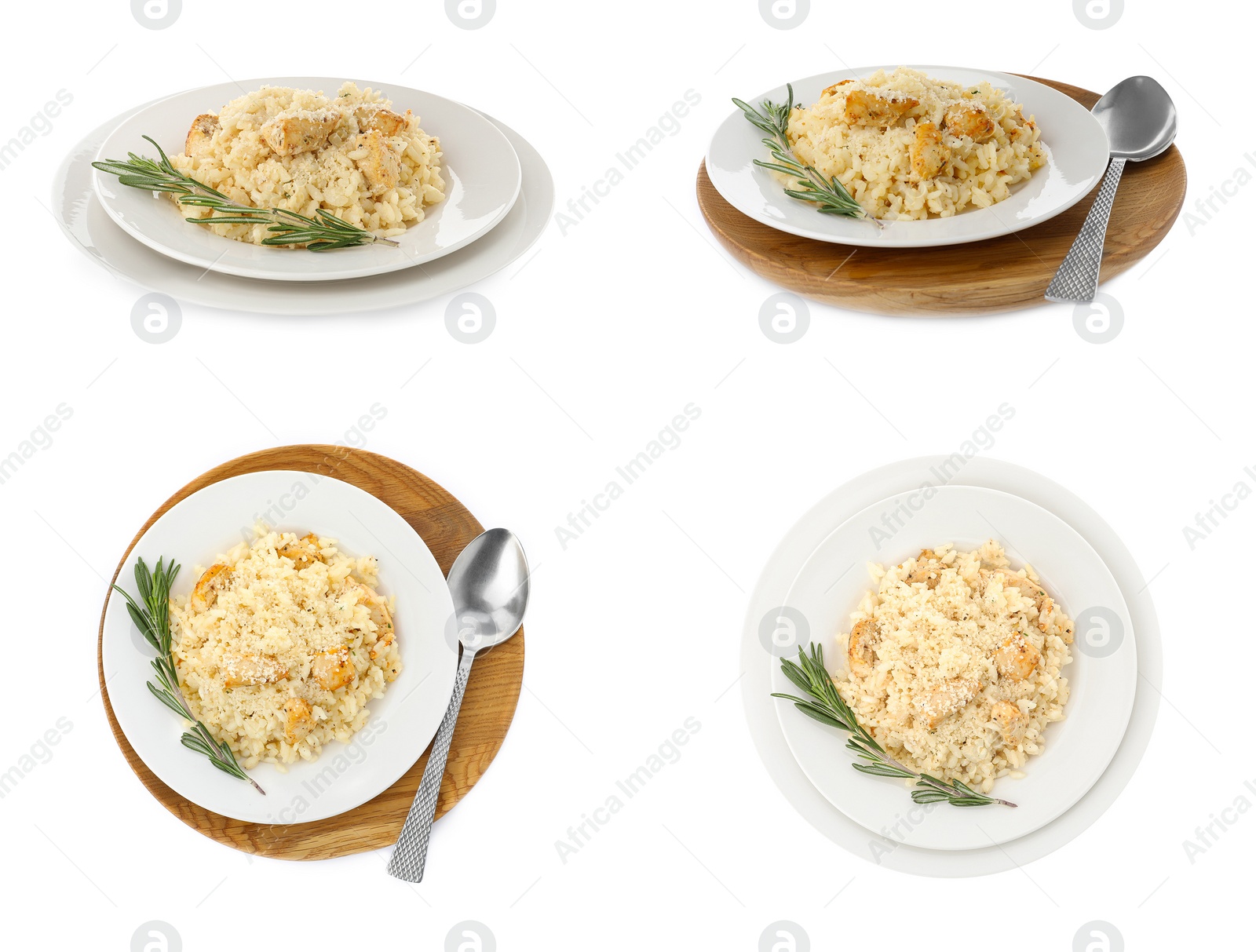 Image of Collage with delicious rissotos on white background