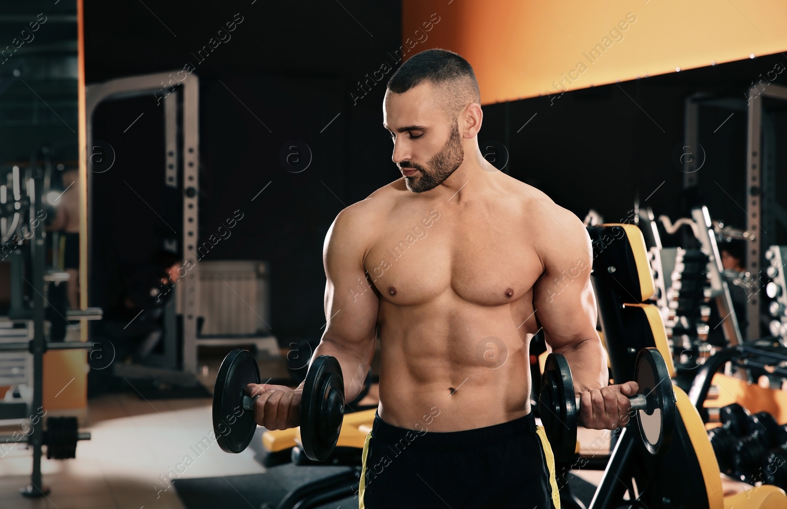 Photo of Strong young man lifting dumbbells in gym