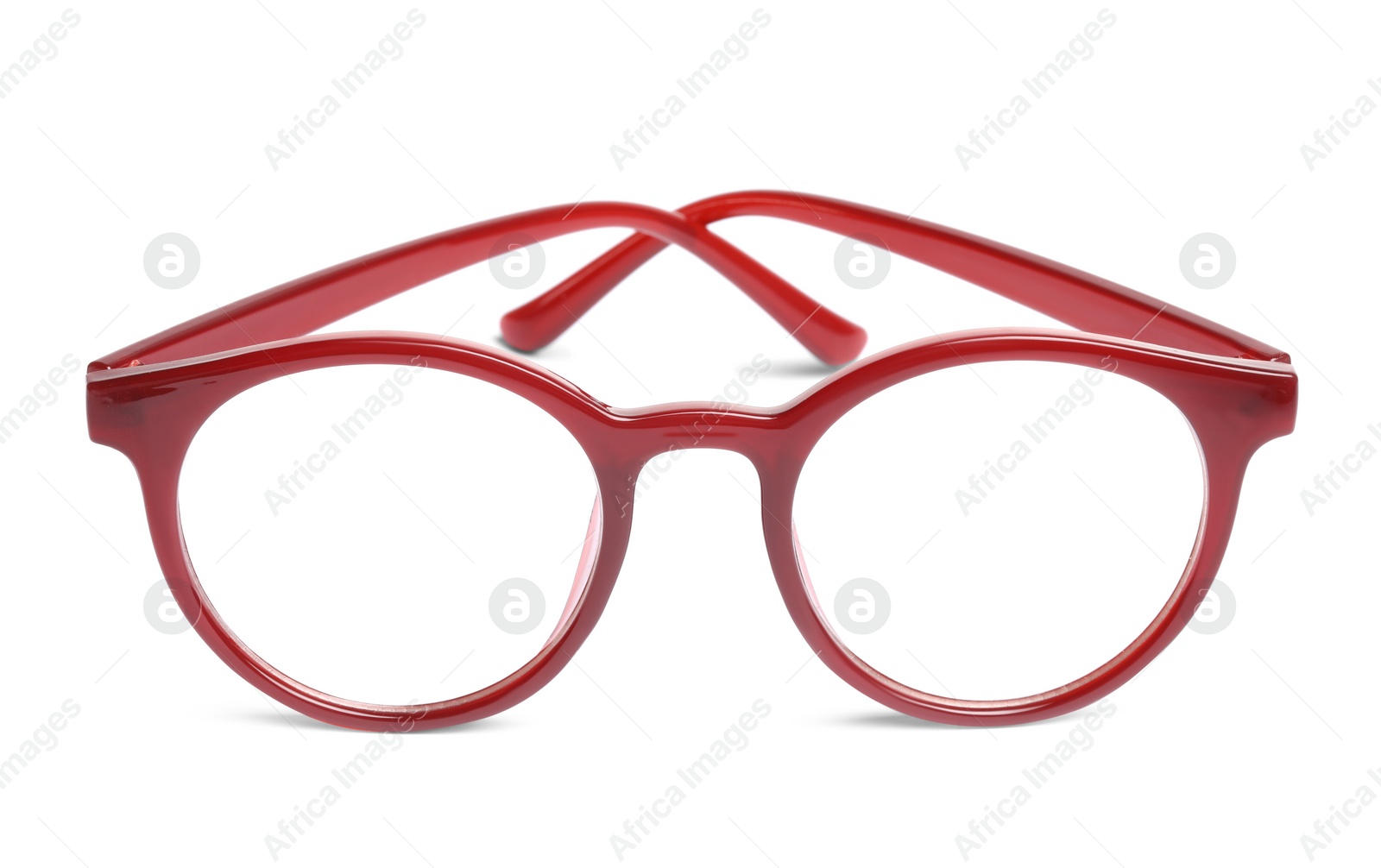 Photo of Stylish glasses with red frame isolated on white