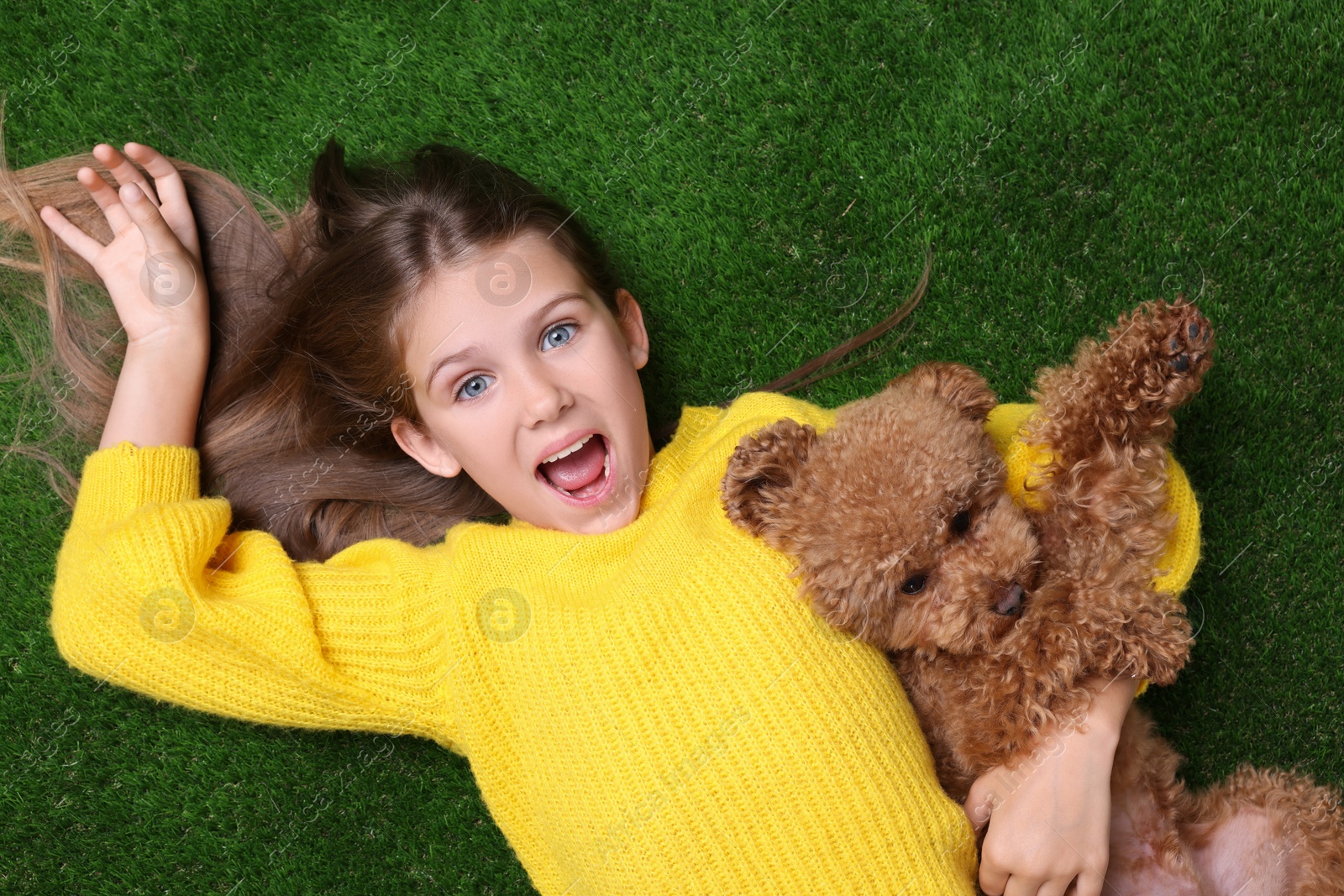 Photo of Surprised girl with cute puppy on green grass, top view. Lovely pet