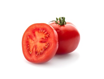 Photo of Fresh ripe red tomatoes on white background