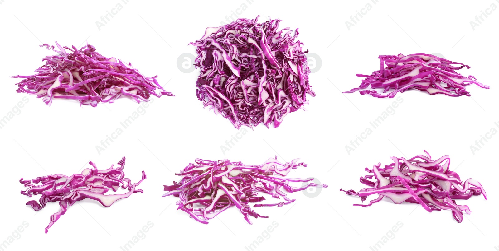 Image of Collage with piles of shredded fresh red cabbage on white background