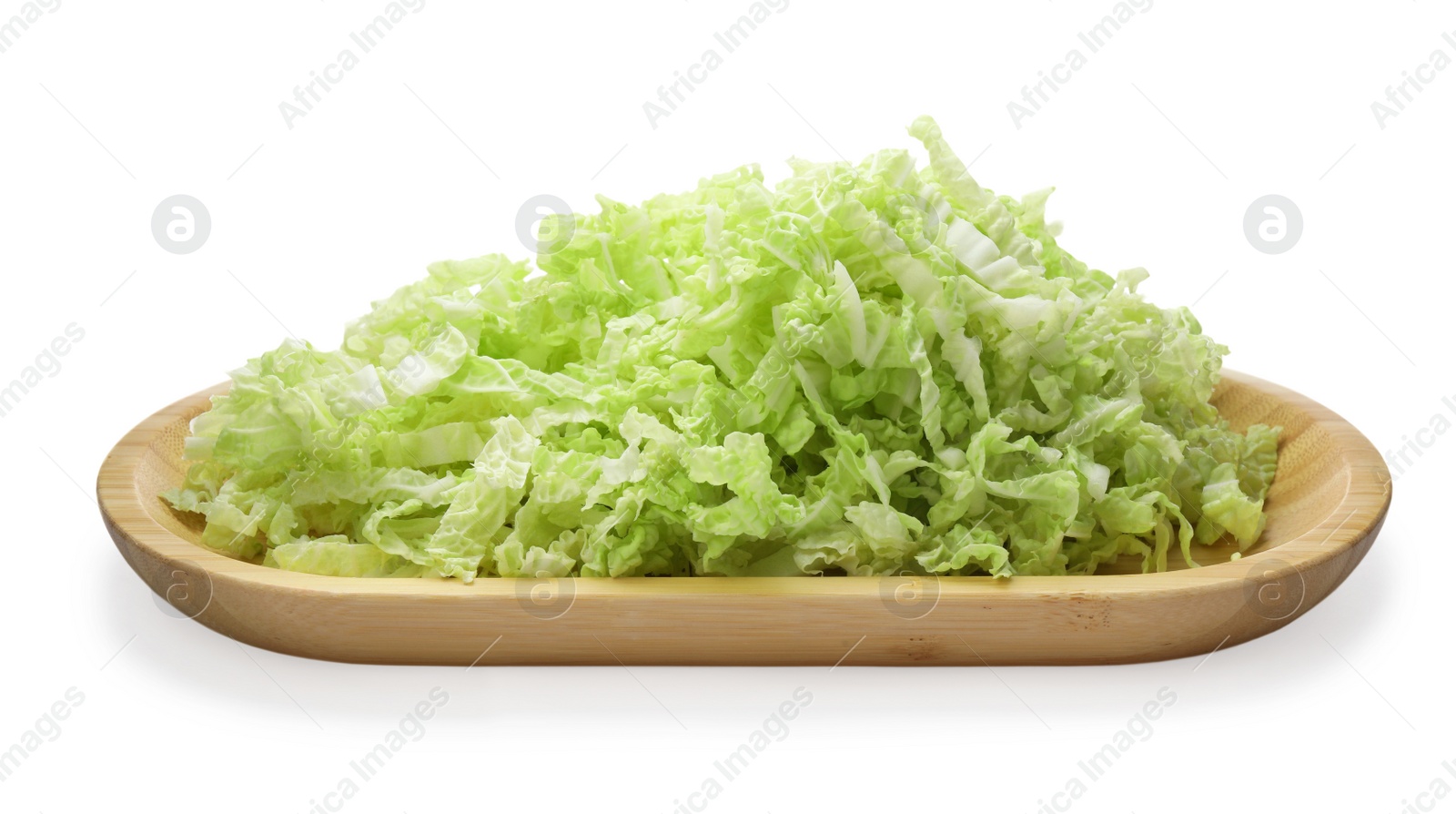 Photo of Wooden board with pile of chopped Chinese cabbage on white background