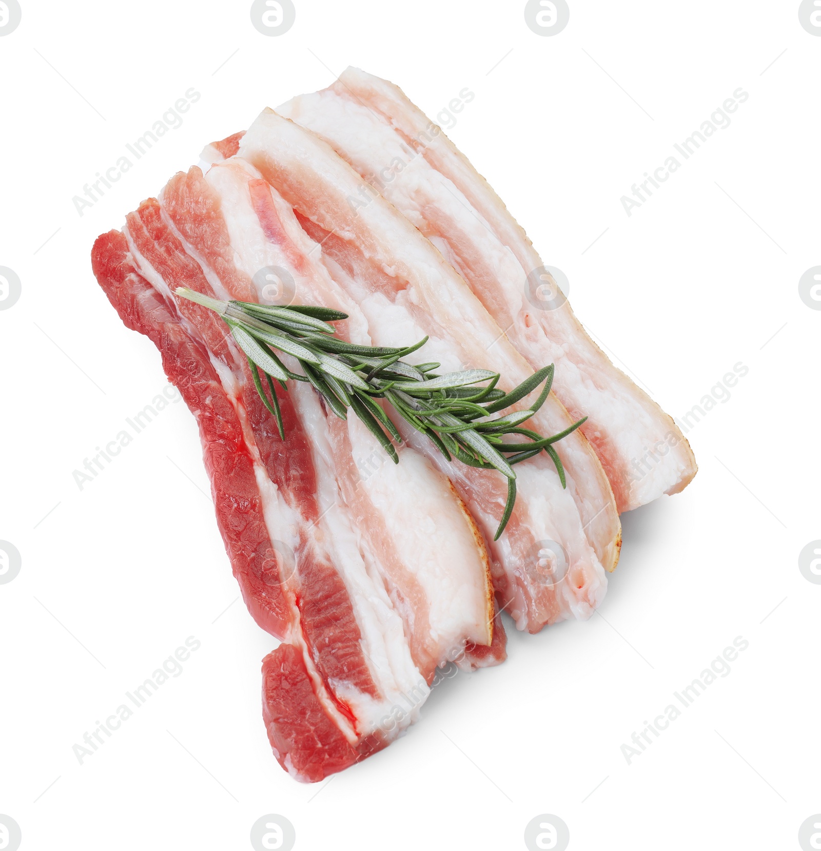 Photo of Pieces of raw pork belly and rosemary isolated on white, top view