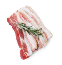 Photo of Pieces of raw pork belly and rosemary isolated on white, top view