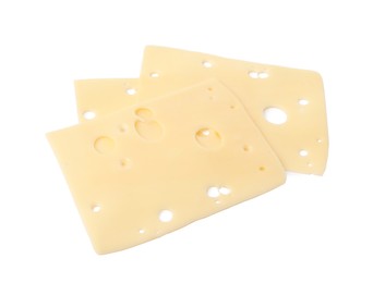 Photo of Slices of tasty fresh cheese isolated on white, top view