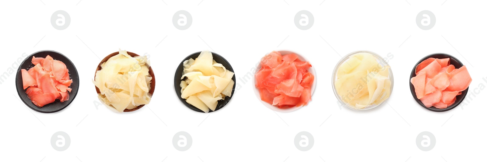 Image of Set with pickled ginger on white background, top view. Banner design 