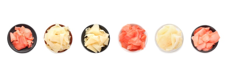 Set with pickled ginger on white background, top view. Banner design 