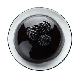 Delicious jelly with blackberries on white background, top view