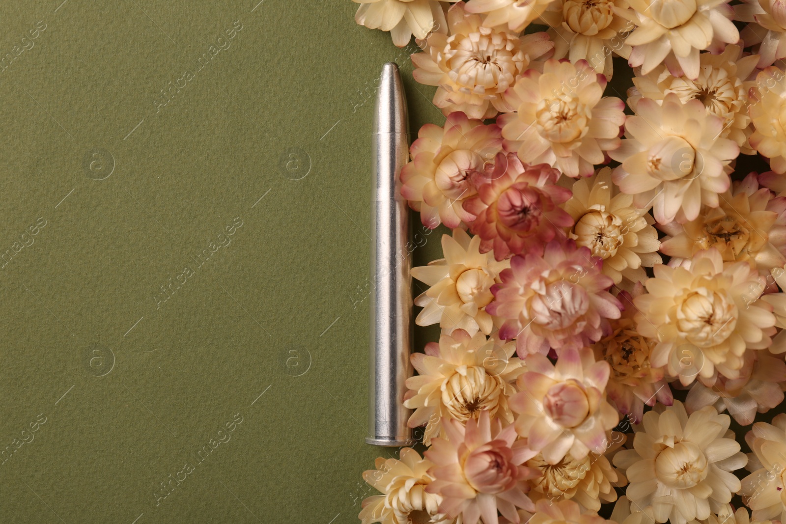 Photo of One bullet and beautiful flowers on green background, flat lay. Space for text