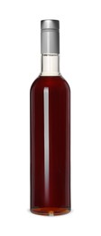 Bottle of delicious syrup for coffee on white background