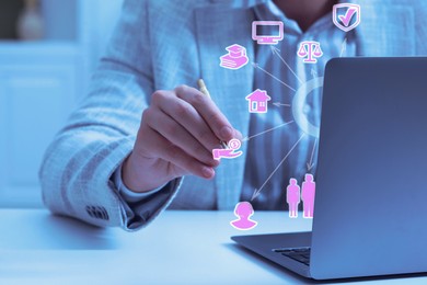 Webinar. Woman using laptop and virtual screen at table, closeup