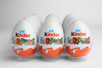 Sveti Vlas, Bulgaria - June 26, 2023: Kinder Surprise Eggs in plastic tray on white background