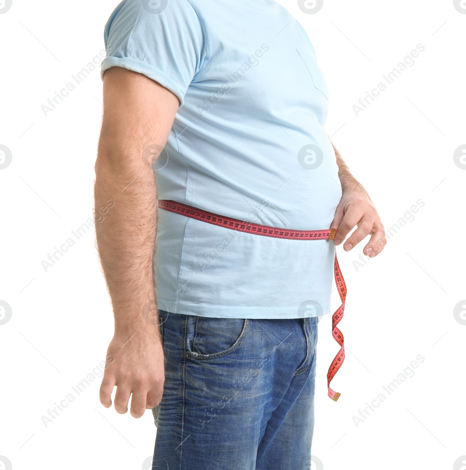 Photo of Overweight man with measuring tape on white background