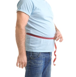 Overweight man with measuring tape on white background