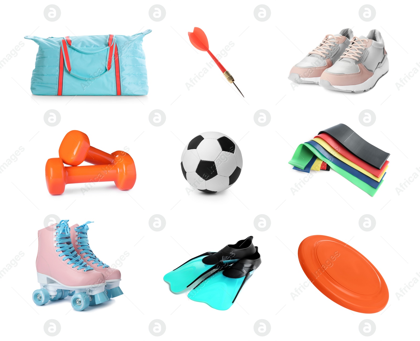 Image of Set with different sports tools on white background